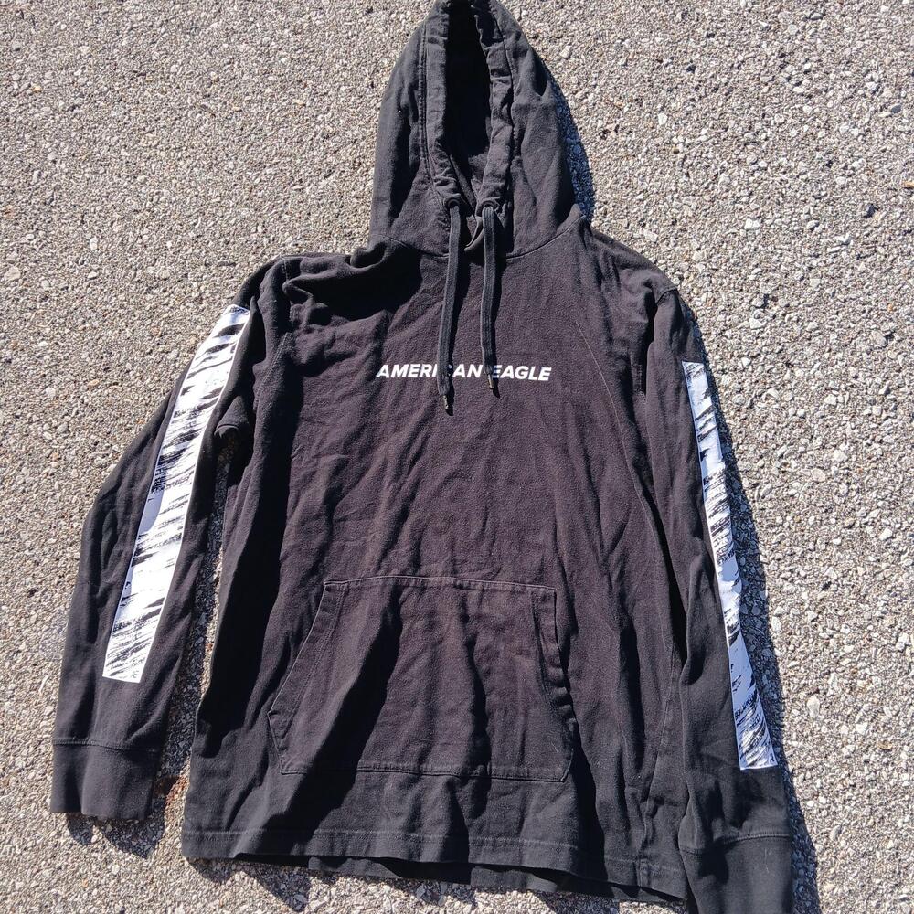 American Eagle Hoodie Sweatshirt Mens Small Black Graphic Striped Sleeve Logo